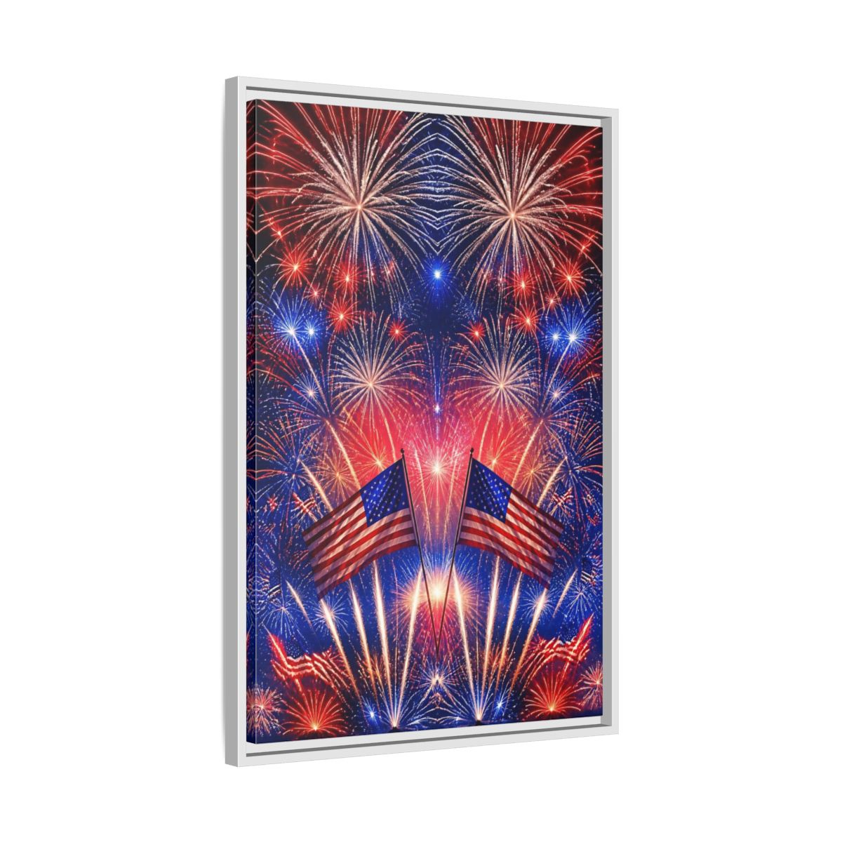 Side Mockup 10. American Flags And Fireworks shown as framed canvas print