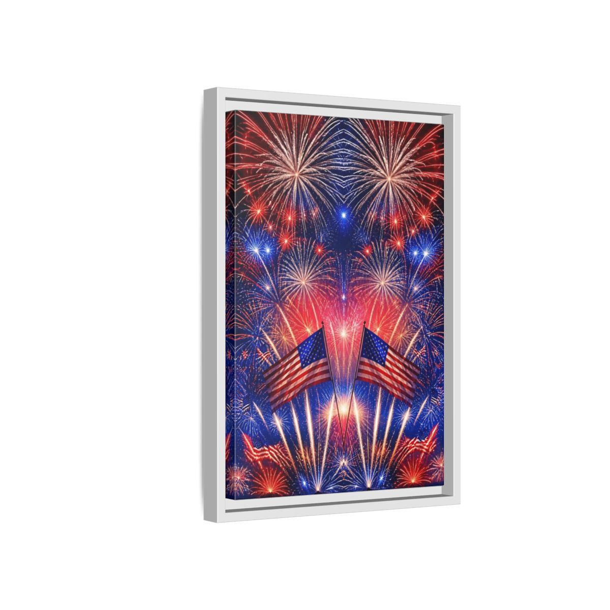Side Mockup 4. American Flags And Fireworks shown as framed canvas print
