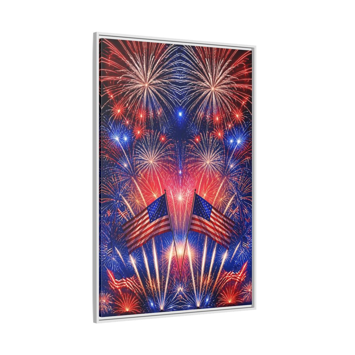 Side Mockup 7. American Flags And Fireworks shown as framed canvas print
