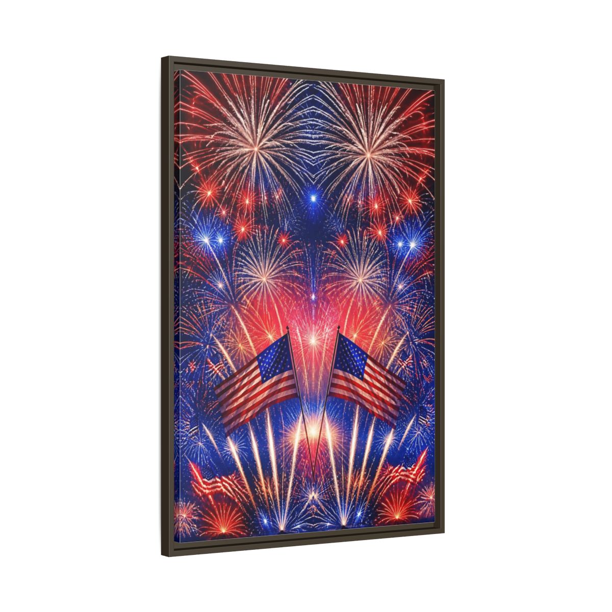 Main Mockup. American Flags And Fireworks shown as framed canvas print