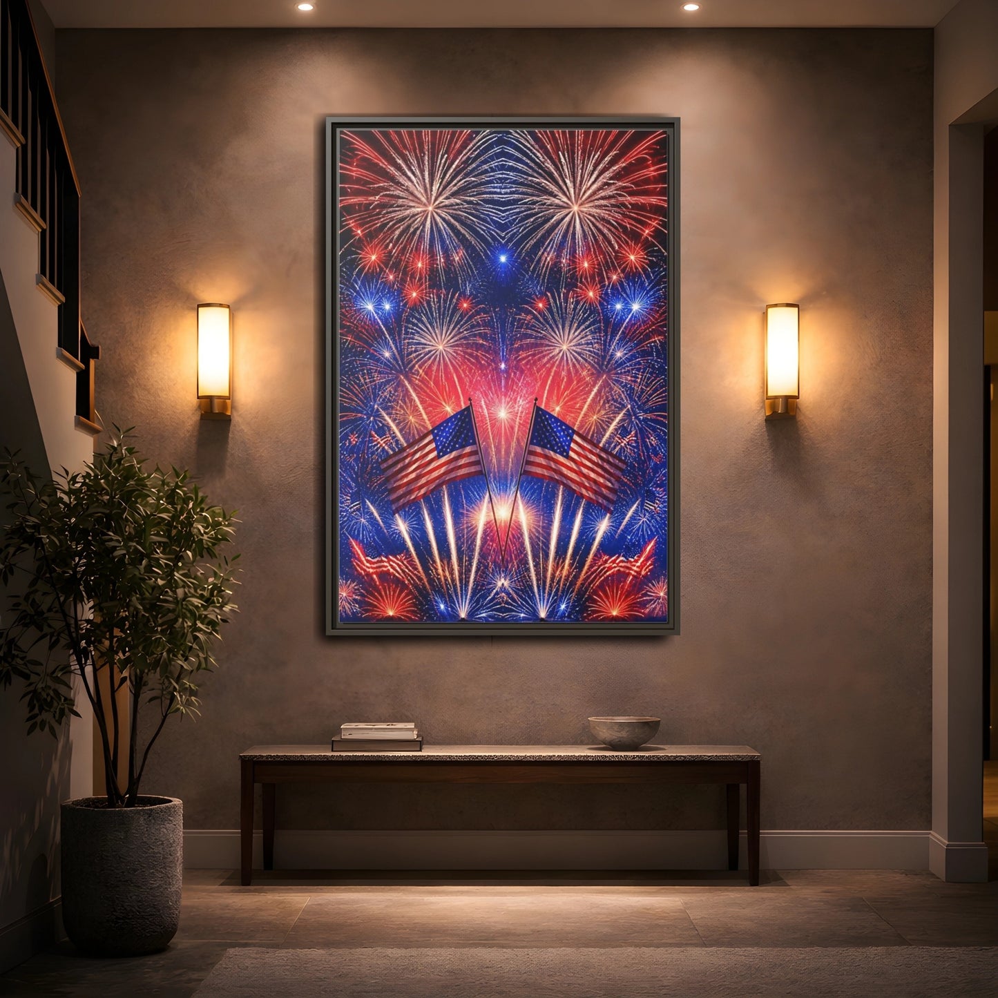 Mockup 2. American Flags And Fireworks shown as framed canvas print
