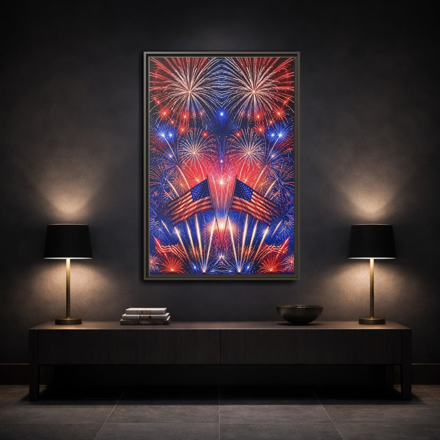 Mockup 3. American Flags And Fireworks shown as framed canvas print