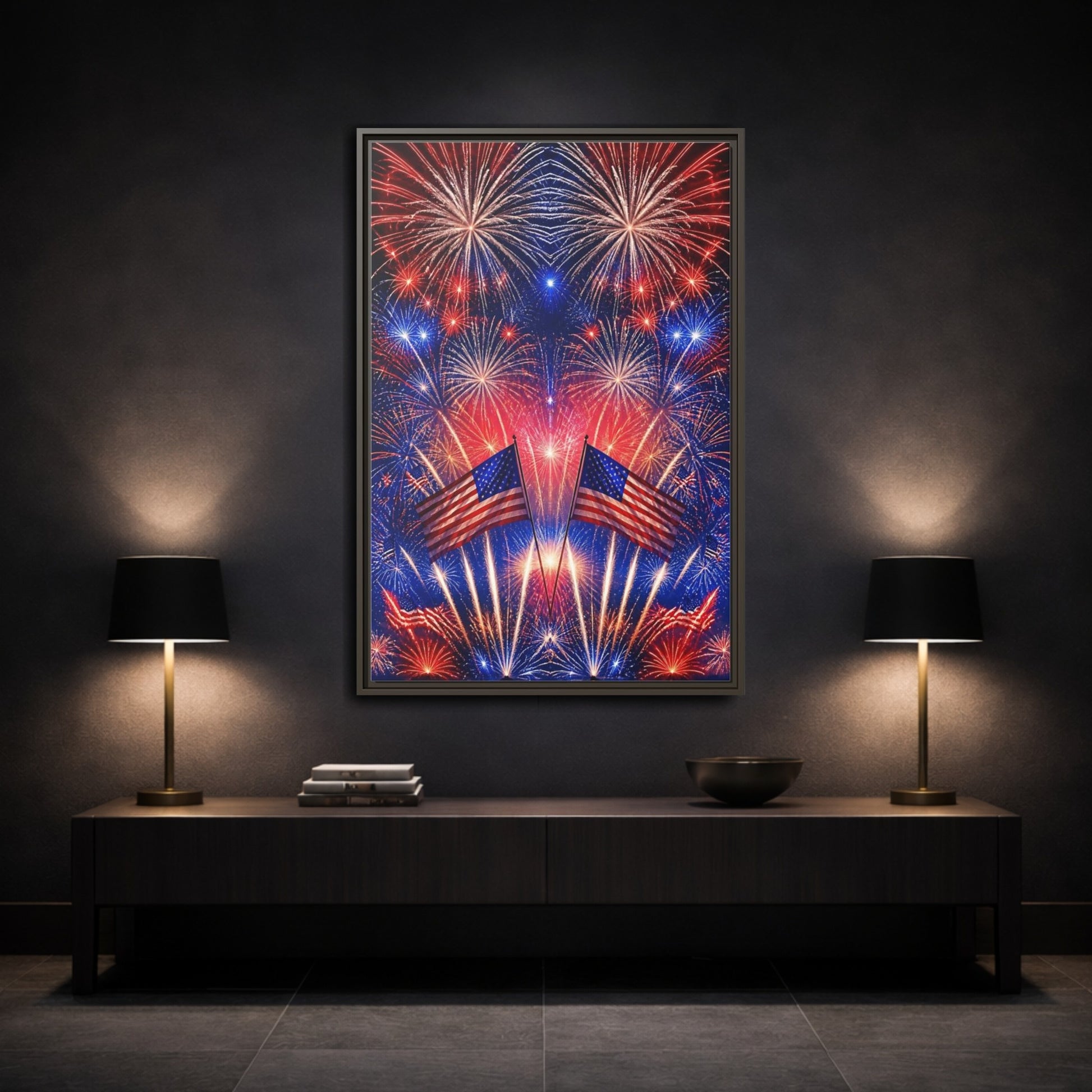Mockup 3. American Flags And Fireworks shown as framed canvas print