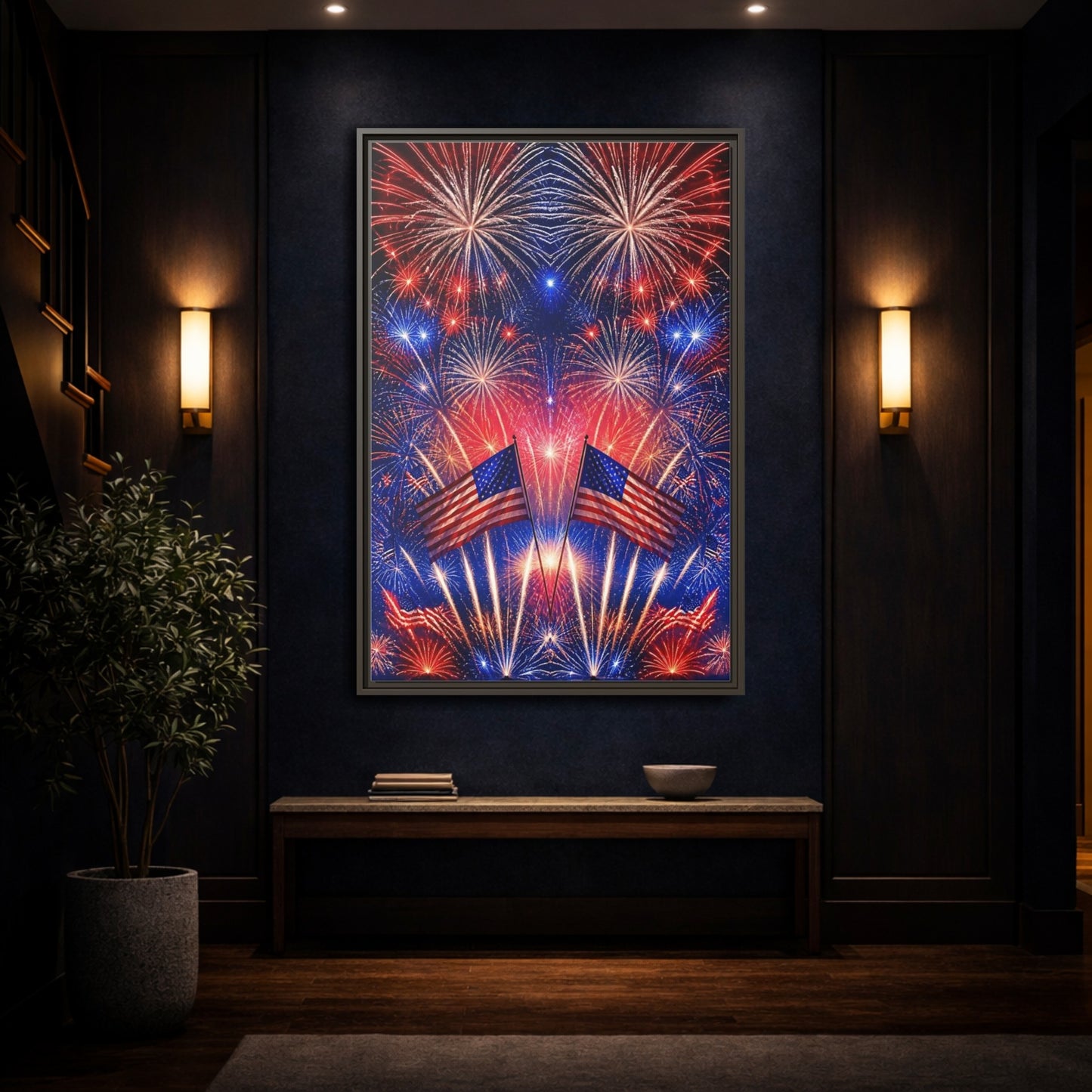 Mockup 4. American Flags And Fireworks shown as framed canvas print