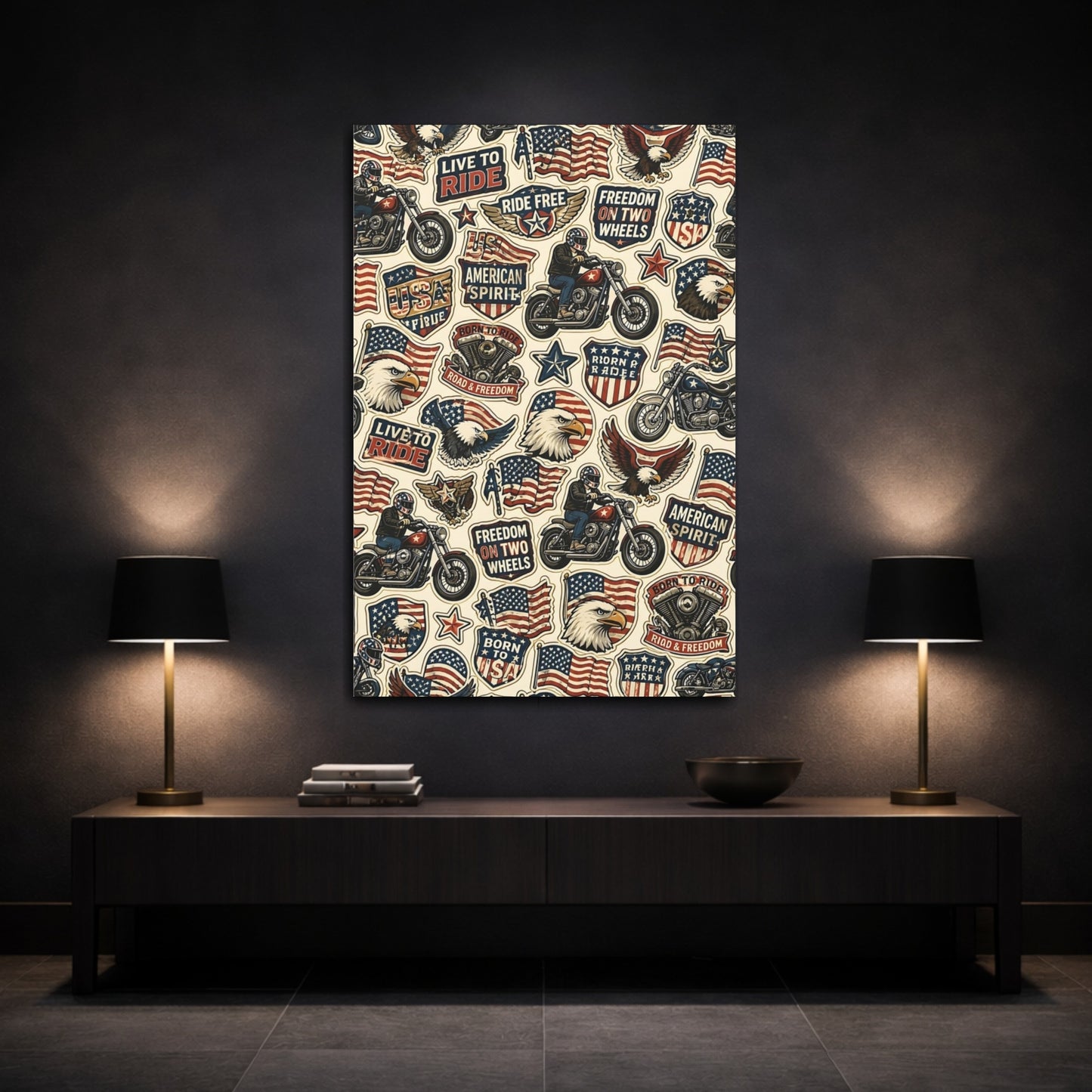 Mockup 3. American Motorcycle Stickers shown as canvas print