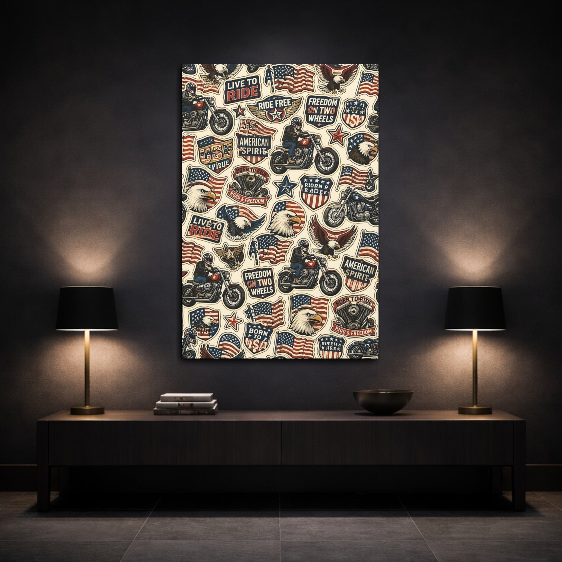 Mockup 3. American Motorcycle Stickers shown as canvas print