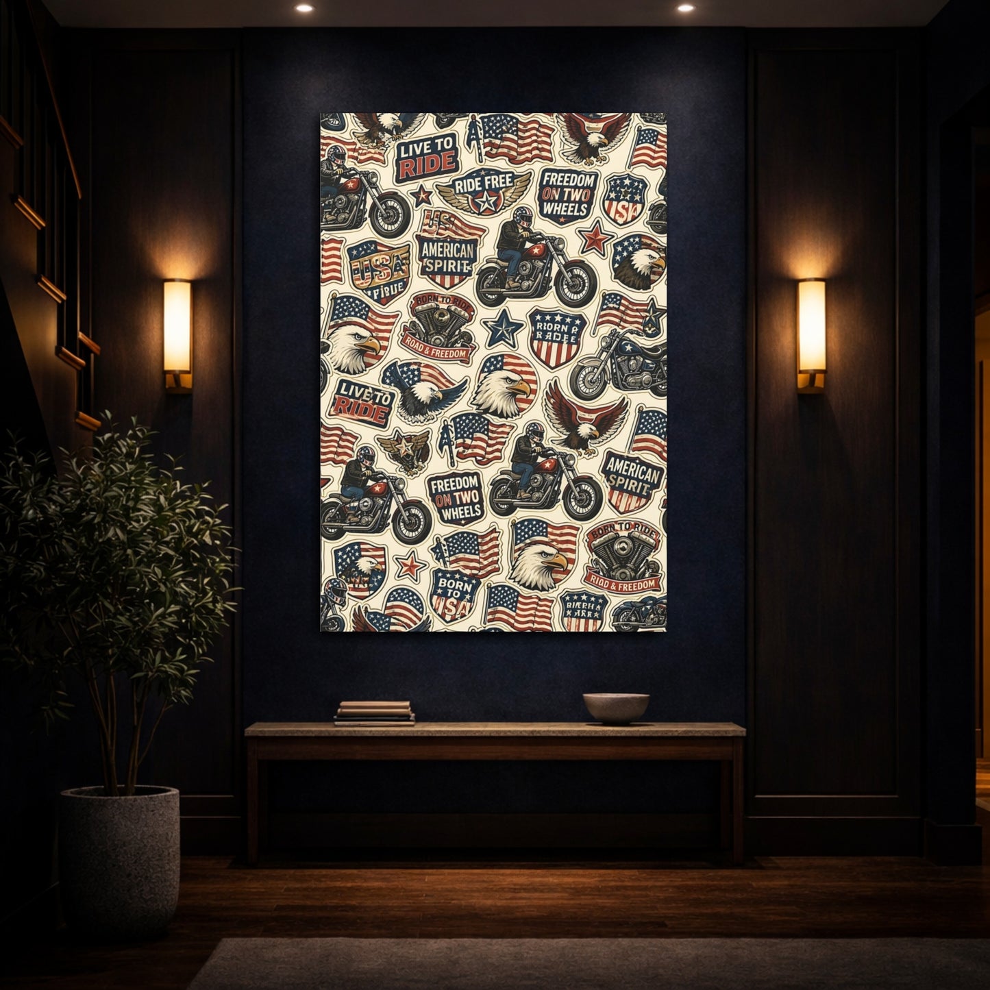 Mockup 4. American Motorcycle Stickers shown as canvas print