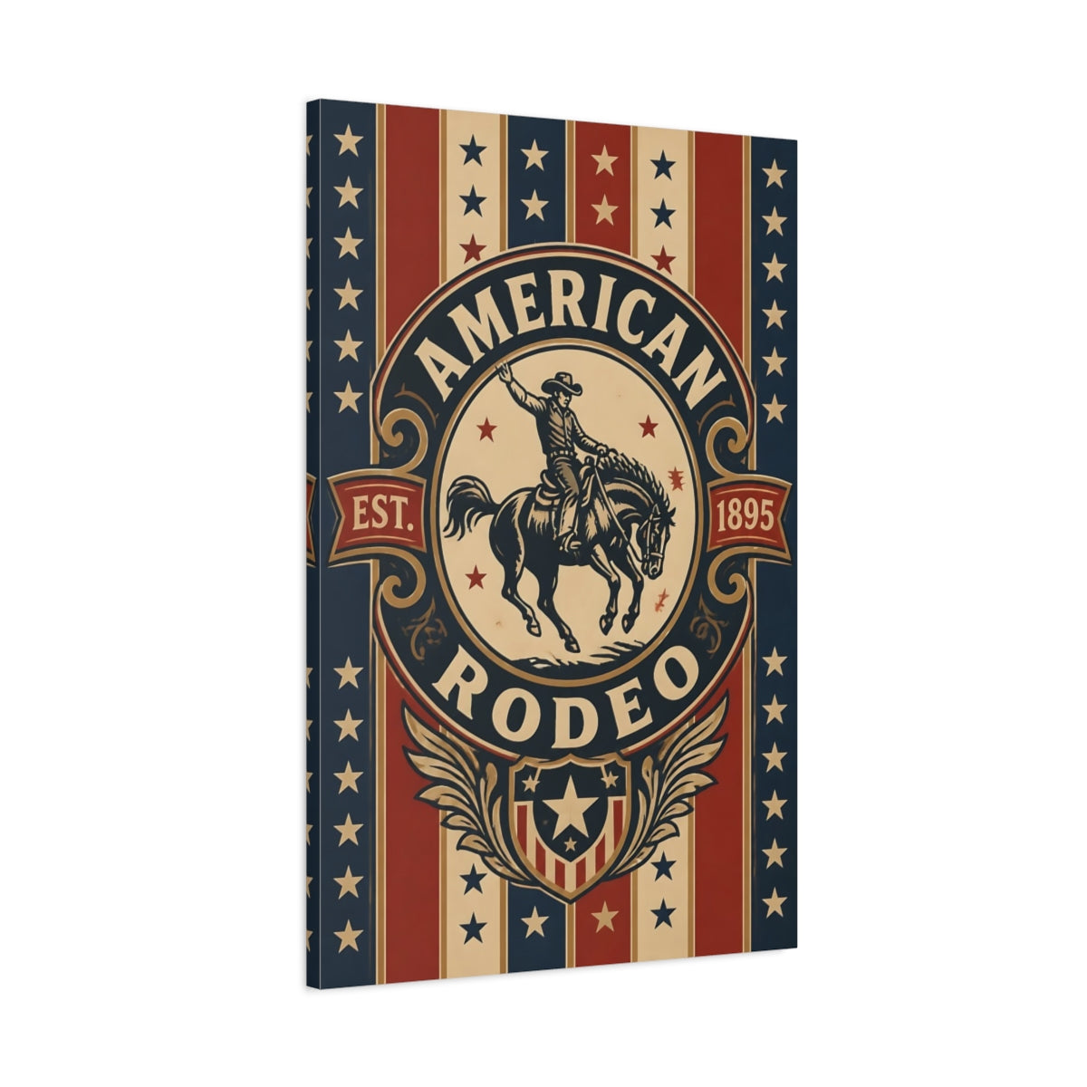Main Mockup. American Rodeo Emblem shown as canvas print