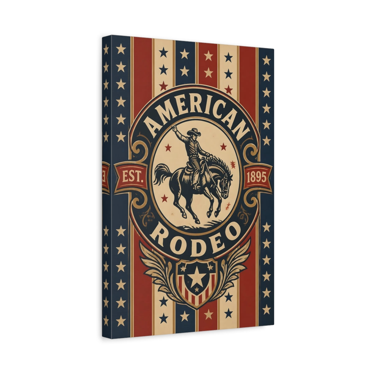 Side Mockup 4. American Rodeo Emblem shown as canvas print