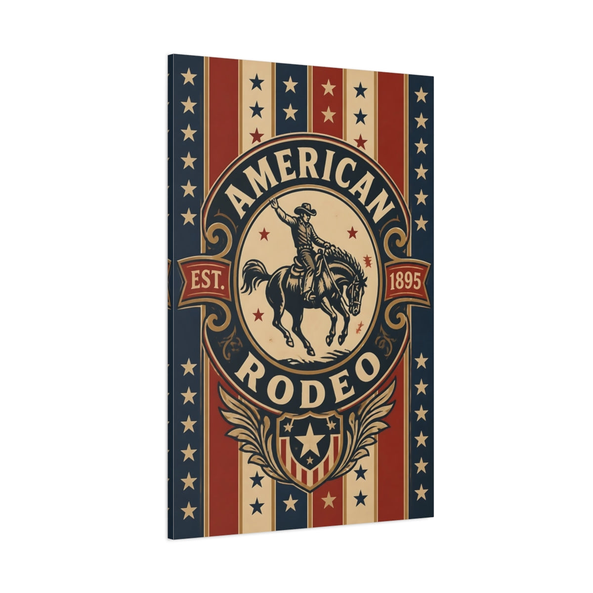 Side Mockup 1. American Rodeo Emblem shown as canvas print