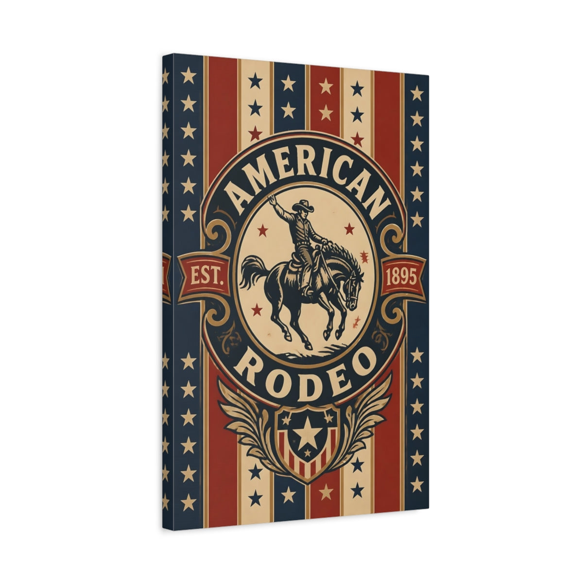 Side Mockup 3. American Rodeo Emblem shown as canvas print