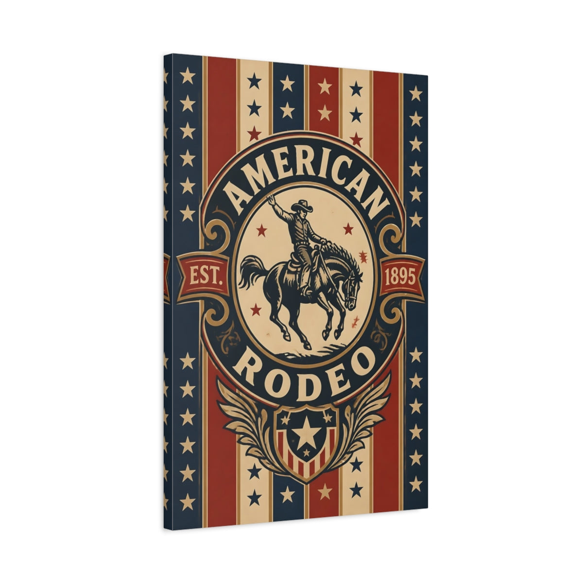 Side Mockup 2. American Rodeo Emblem shown as canvas print