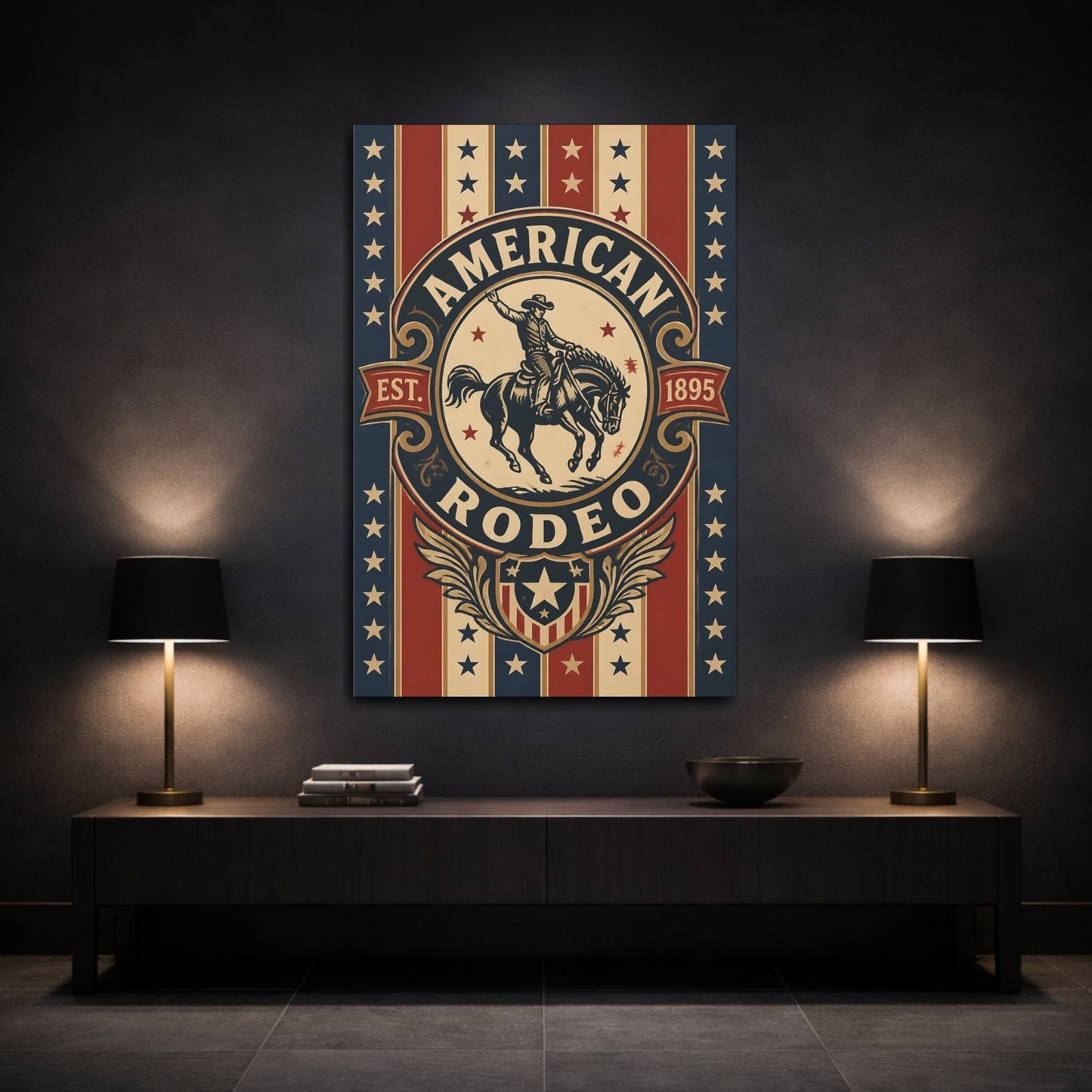 Mockup 3. American Rodeo Emblem shown as canvas print