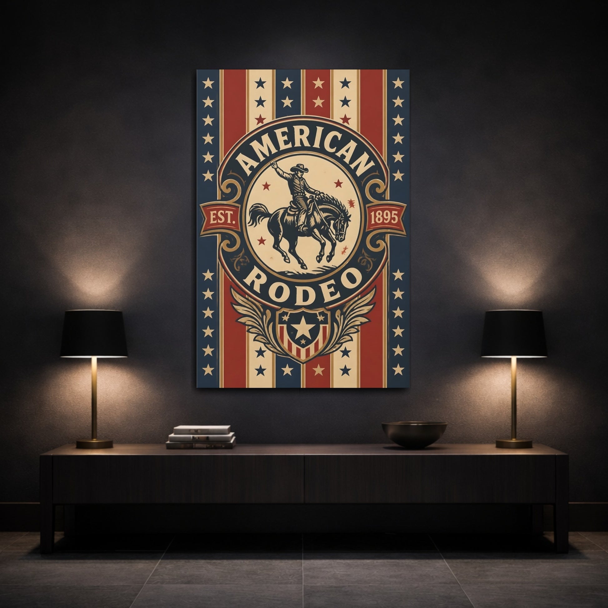 Mockup 3. American Rodeo Emblem shown as canvas print