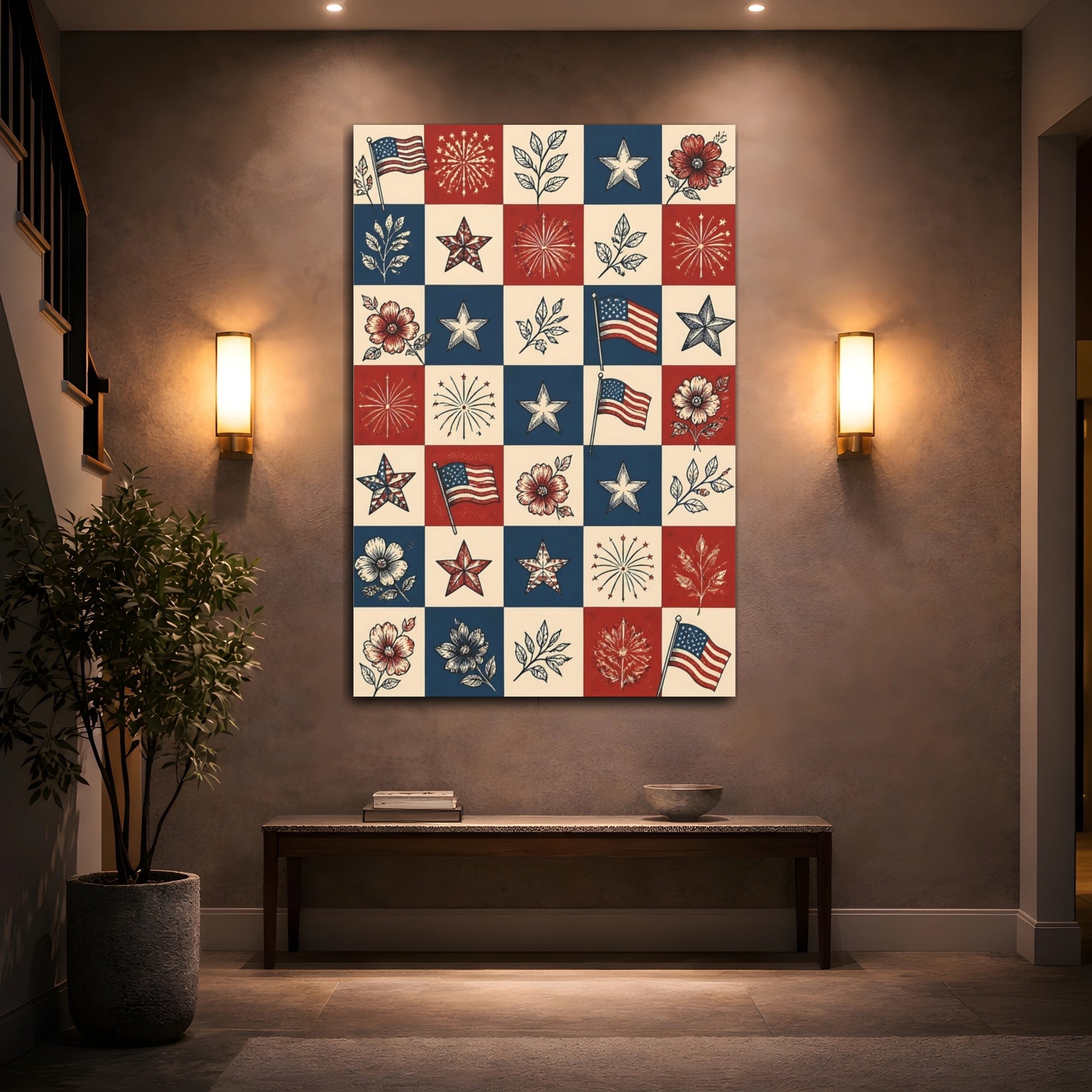 Mockup 2. Americana Flag Patchwork shown as canvas print