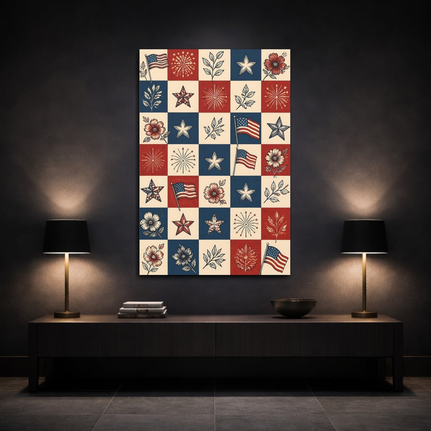 Mockup 3. Americana Flag Patchwork shown as canvas print