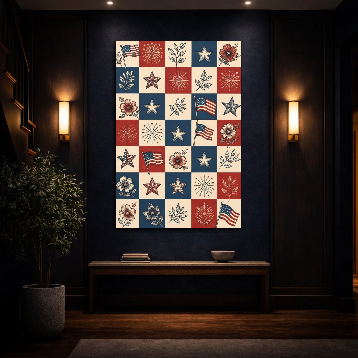 Mockup 4. Americana Flag Patchwork shown as canvas print