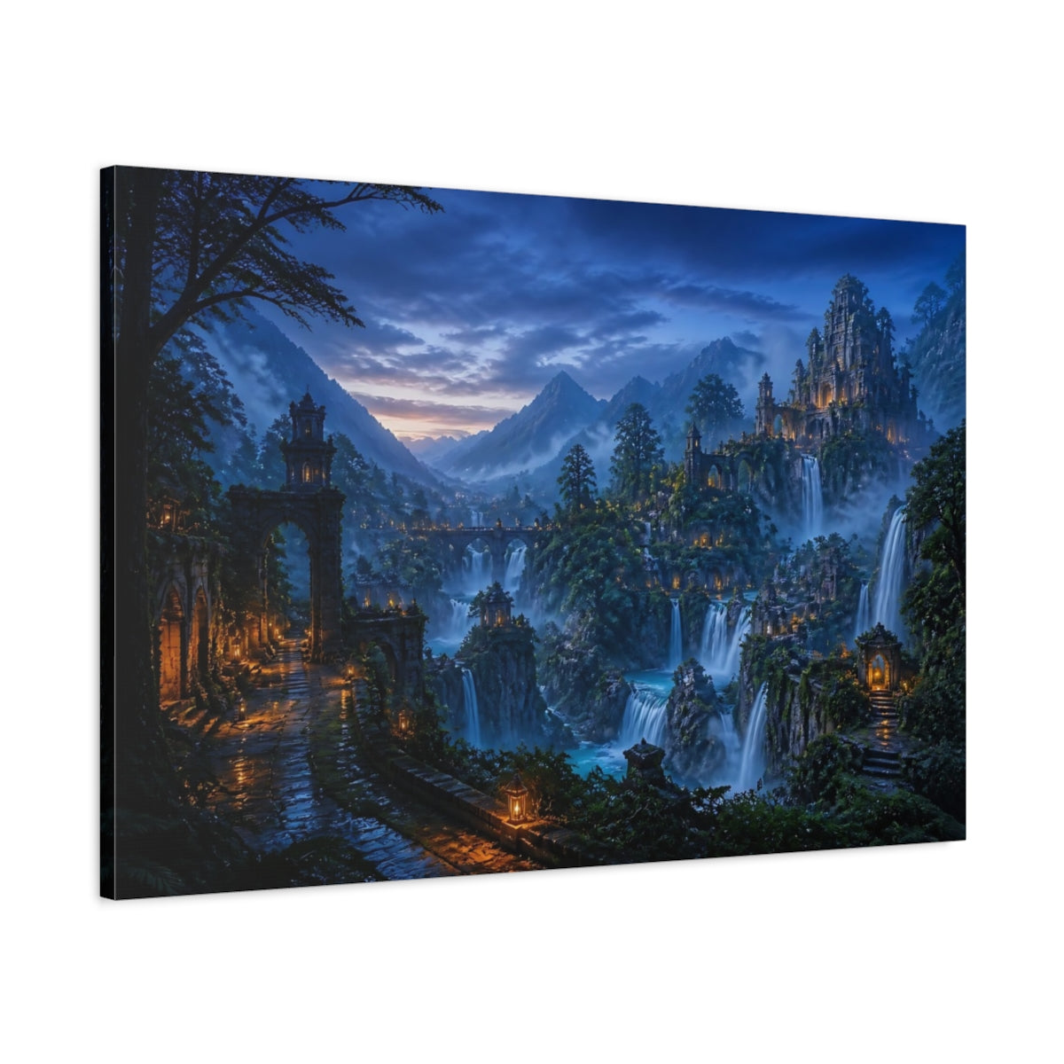 Main Mockup. Ancient Castle At Waterfalls shown as canvas print