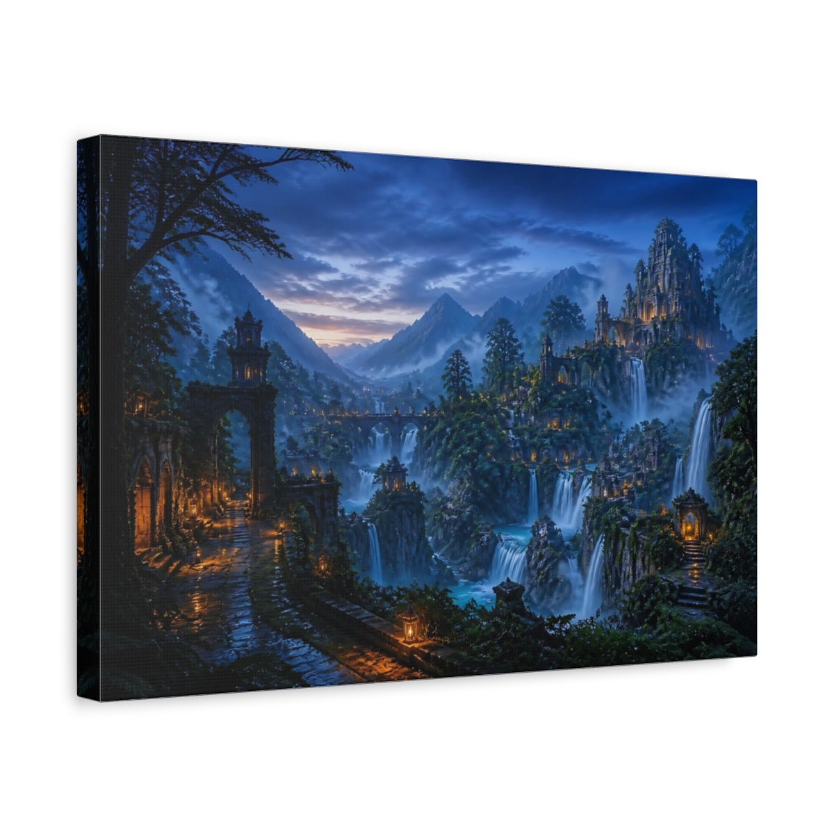 Side Mockup 4. Ancient Castle At Waterfalls shown as canvas print