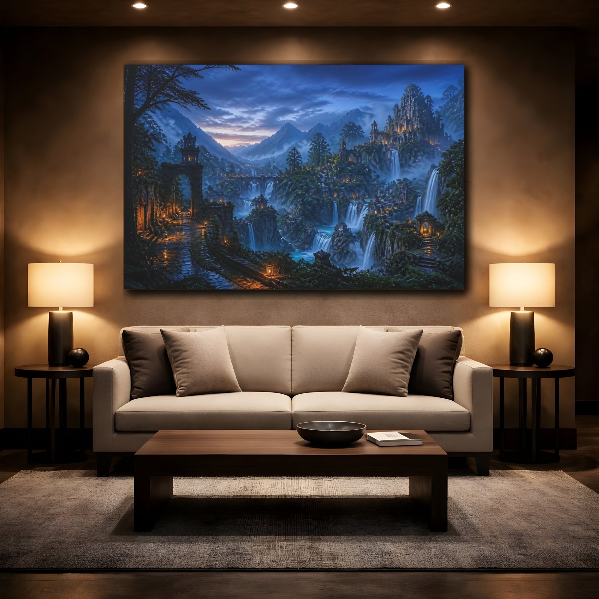 Mockup 2. Ancient Castle At Waterfalls shown as canvas print