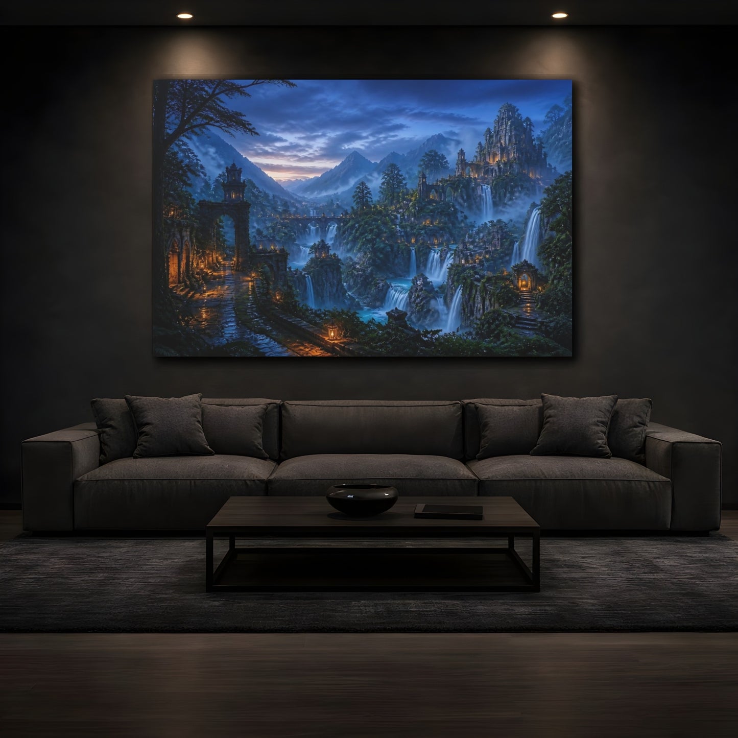 Mockup 3. Ancient Castle At Waterfalls shown as canvas print