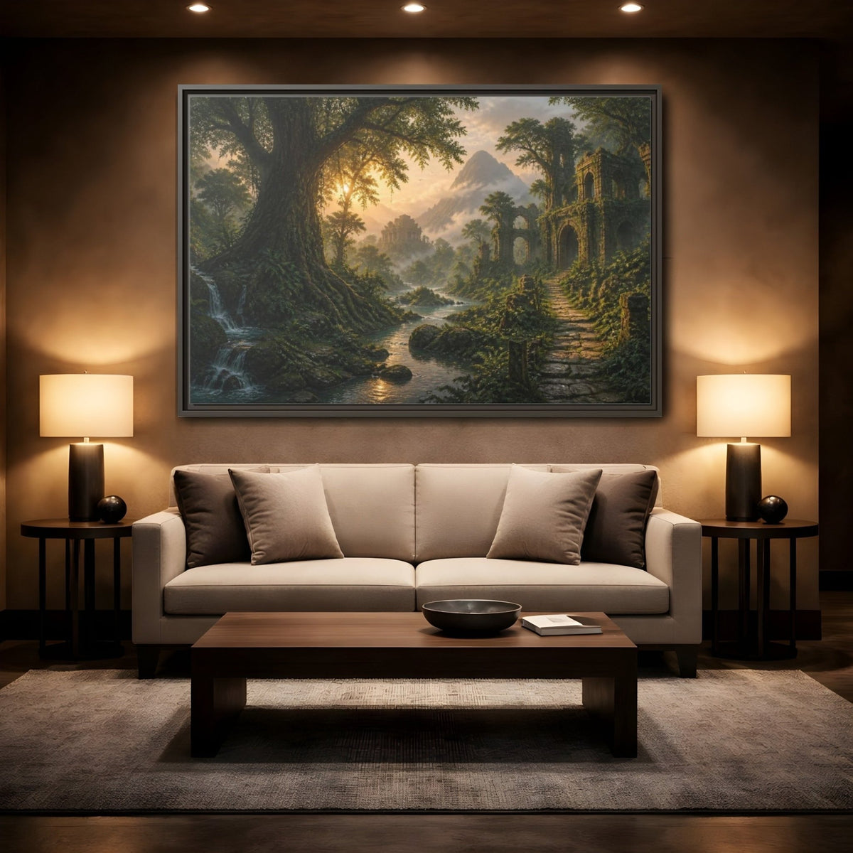 Ancient Tree Landscape Sunrise Framed Canvas Print – Living Room, Above Couch, Emerald & Gold - YesArtYes