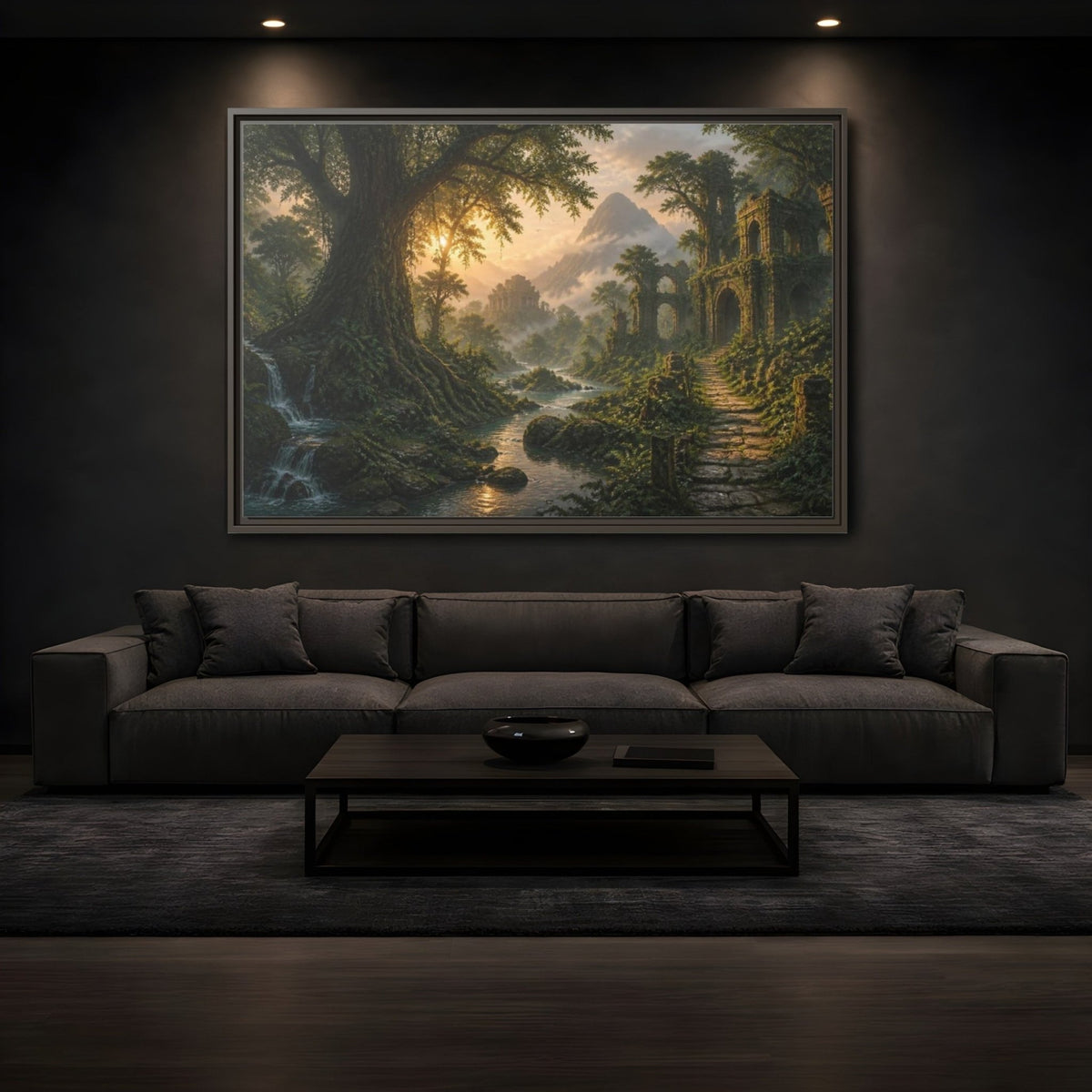 Ancient Tree Landscape Sunrise Framed Canvas Print – Living Room, Above Couch, Emerald & Gold - YesArtYes