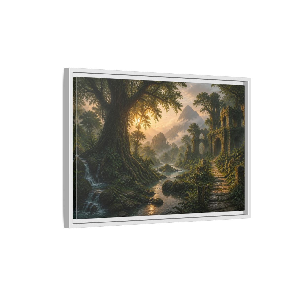 Side Mockup 1. Ancient Tree Landscape Sunrise shown as framed canvas print