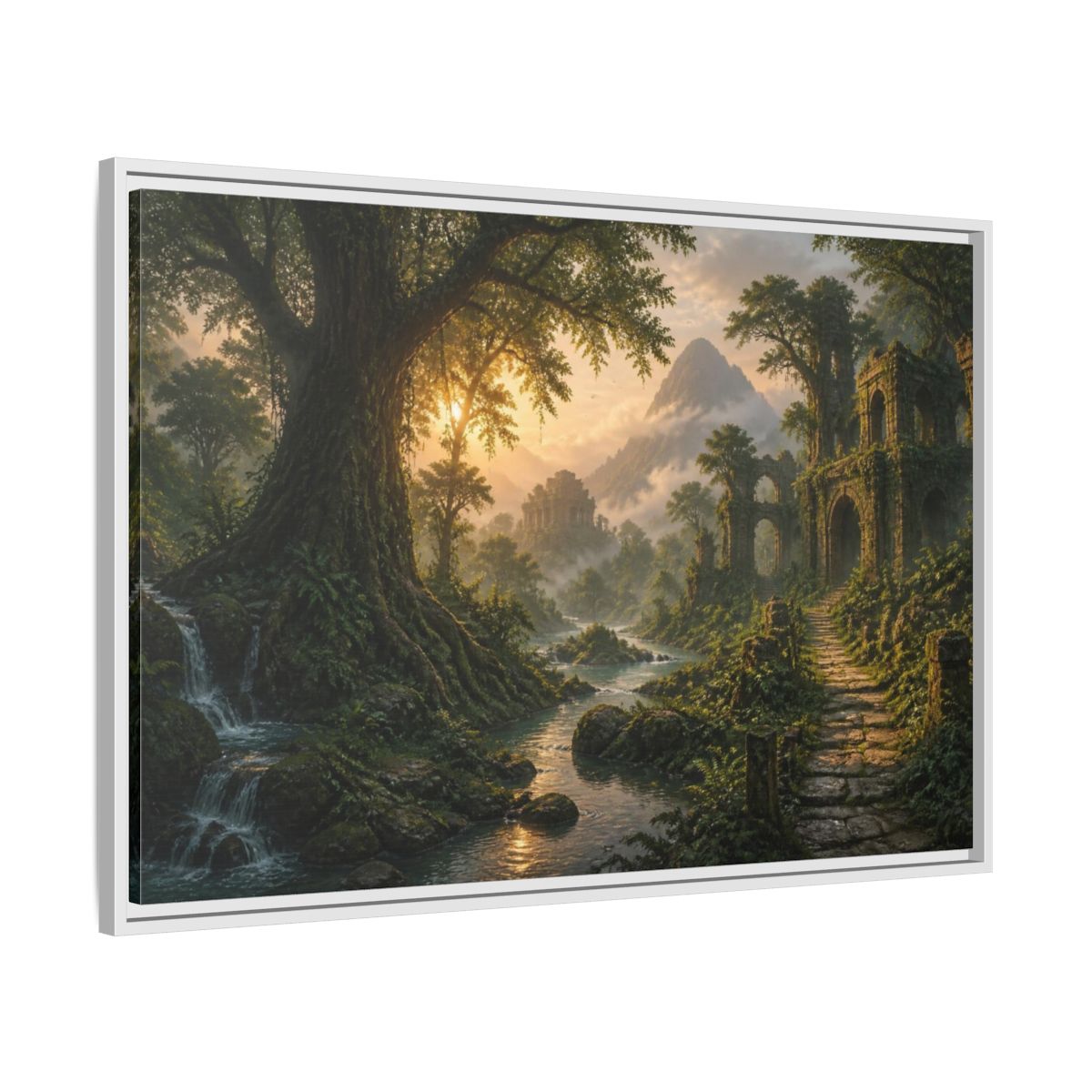 Side Mockup 9. Ancient Tree Landscape Sunrise shown as framed canvas print