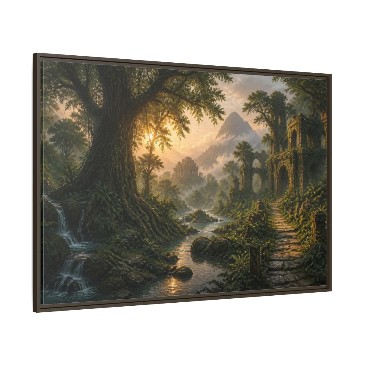 Side Mockup 8. Ancient Tree Landscape Sunrise shown as framed canvas print