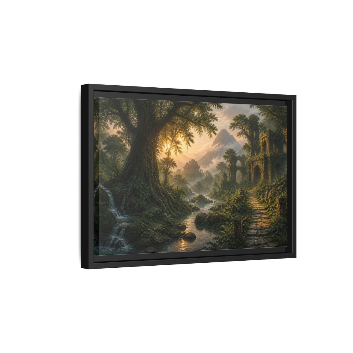 Side Mockup 6. Ancient Tree Landscape Sunrise shown as framed canvas print