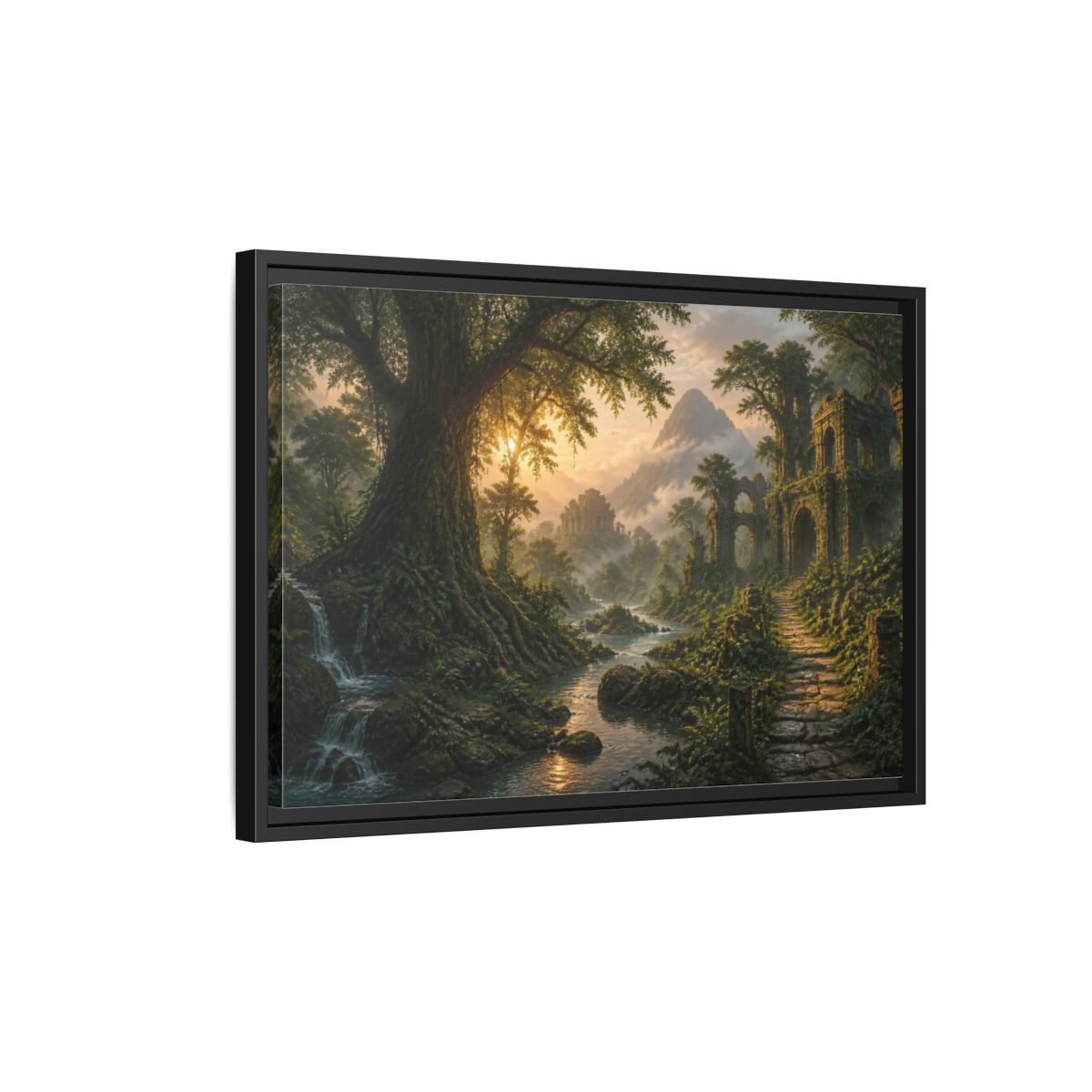 Side Mockup 3. Ancient Tree Landscape Sunrise shown as framed canvas print