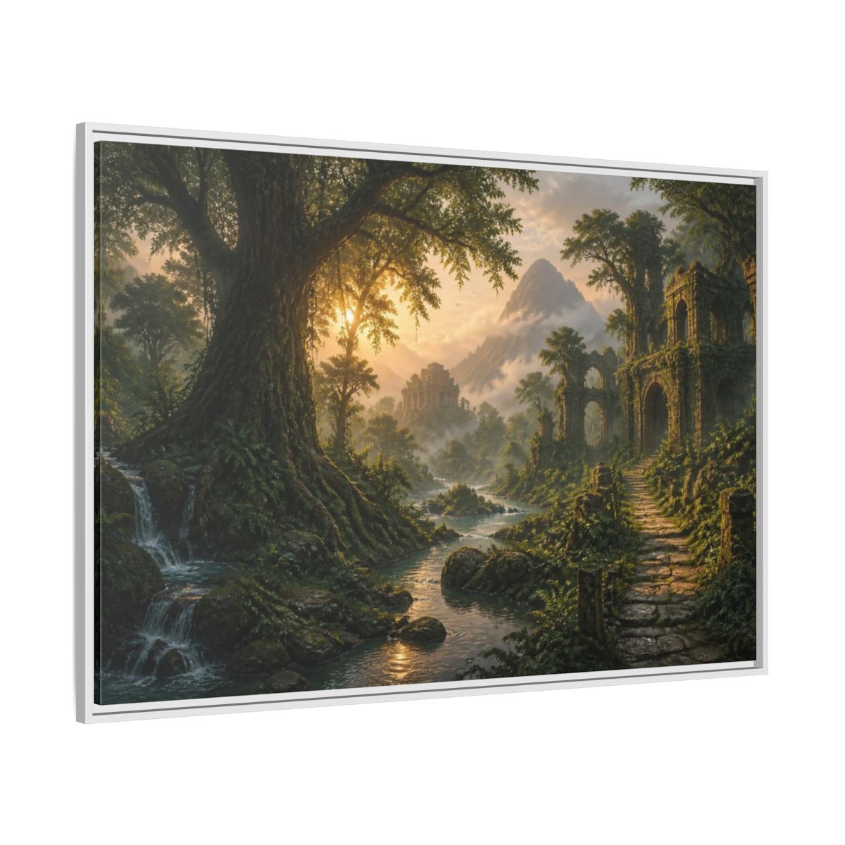 Side Mockup 7. Ancient Tree Landscape Sunrise shown as framed canvas print