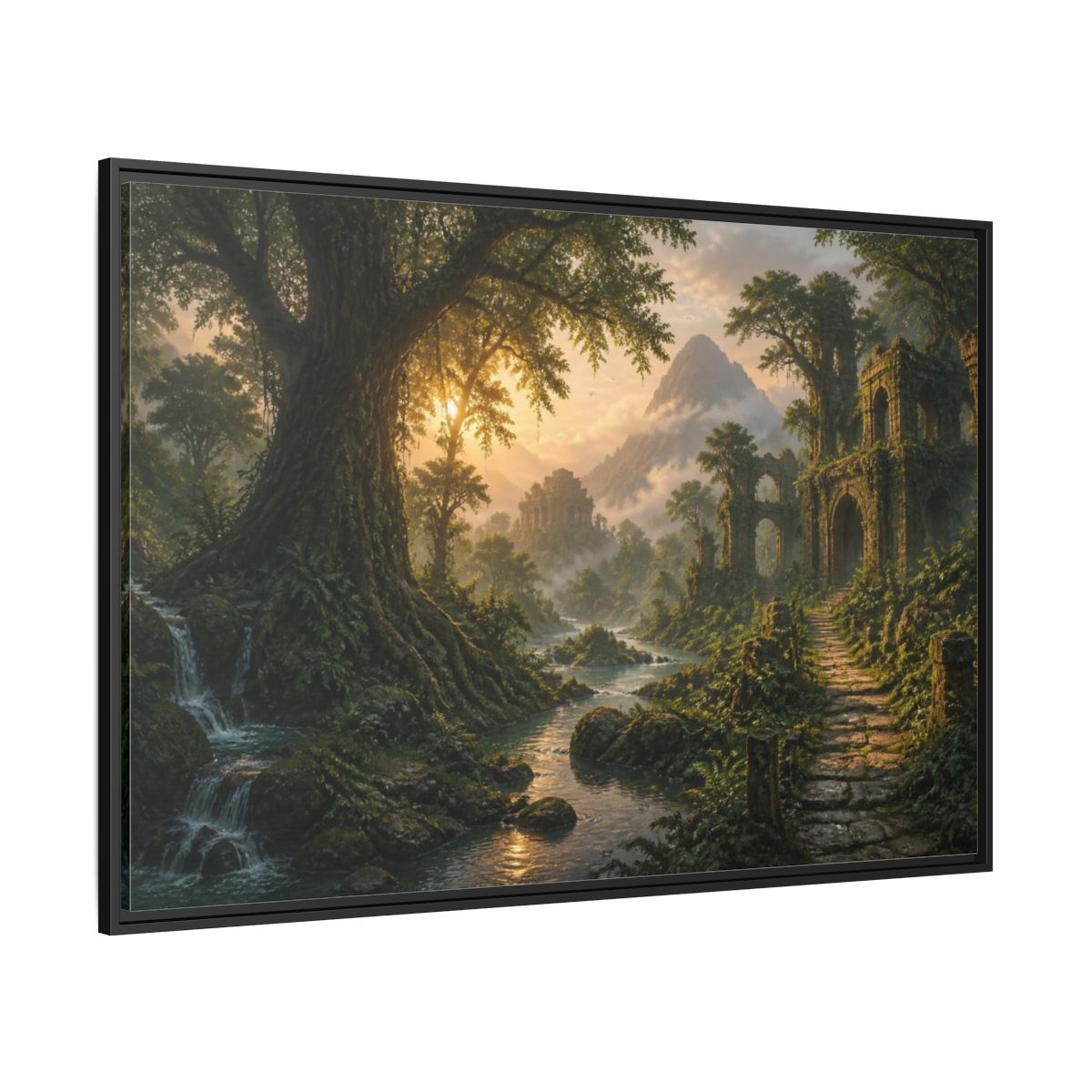 Side Mockup 12. Ancient Tree Landscape Sunrise shown as framed canvas print