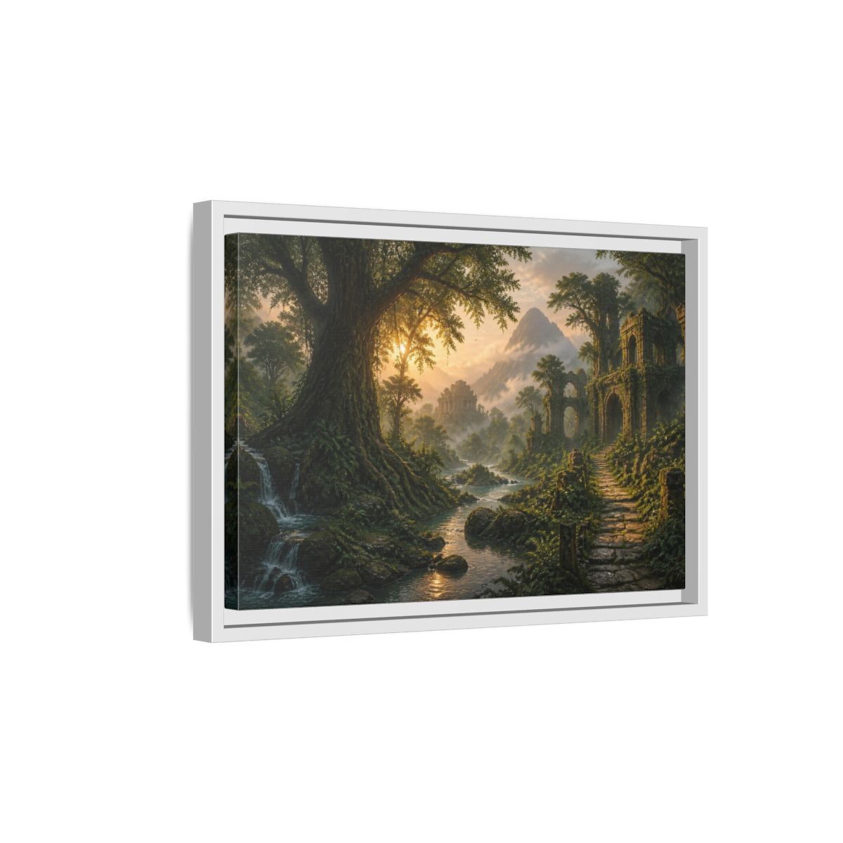 Side Mockup 4. Ancient Tree Landscape Sunrise shown as framed canvas print