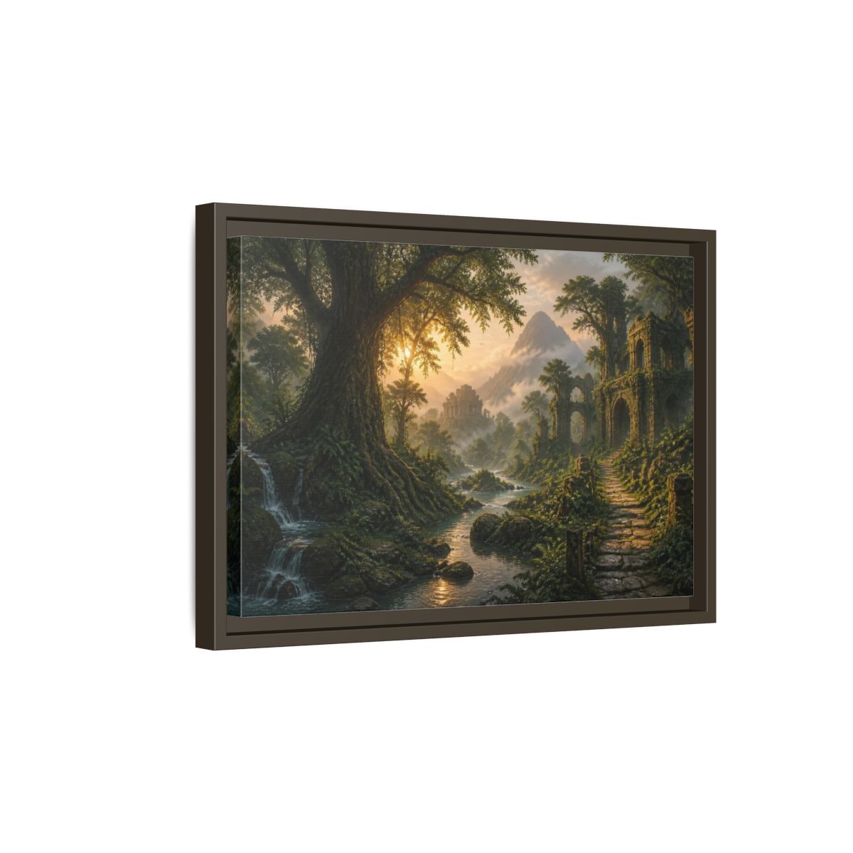 Side Mockup 5. Ancient Tree Landscape Sunrise shown as framed canvas print