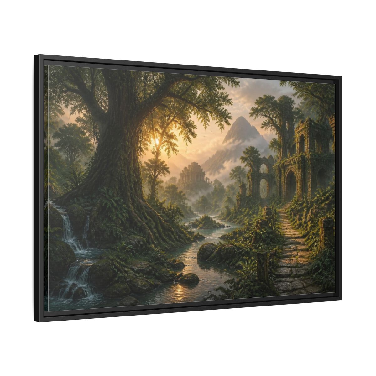 Side Mockup 13. Ancient Tree Landscape Sunrise shown as framed canvas print