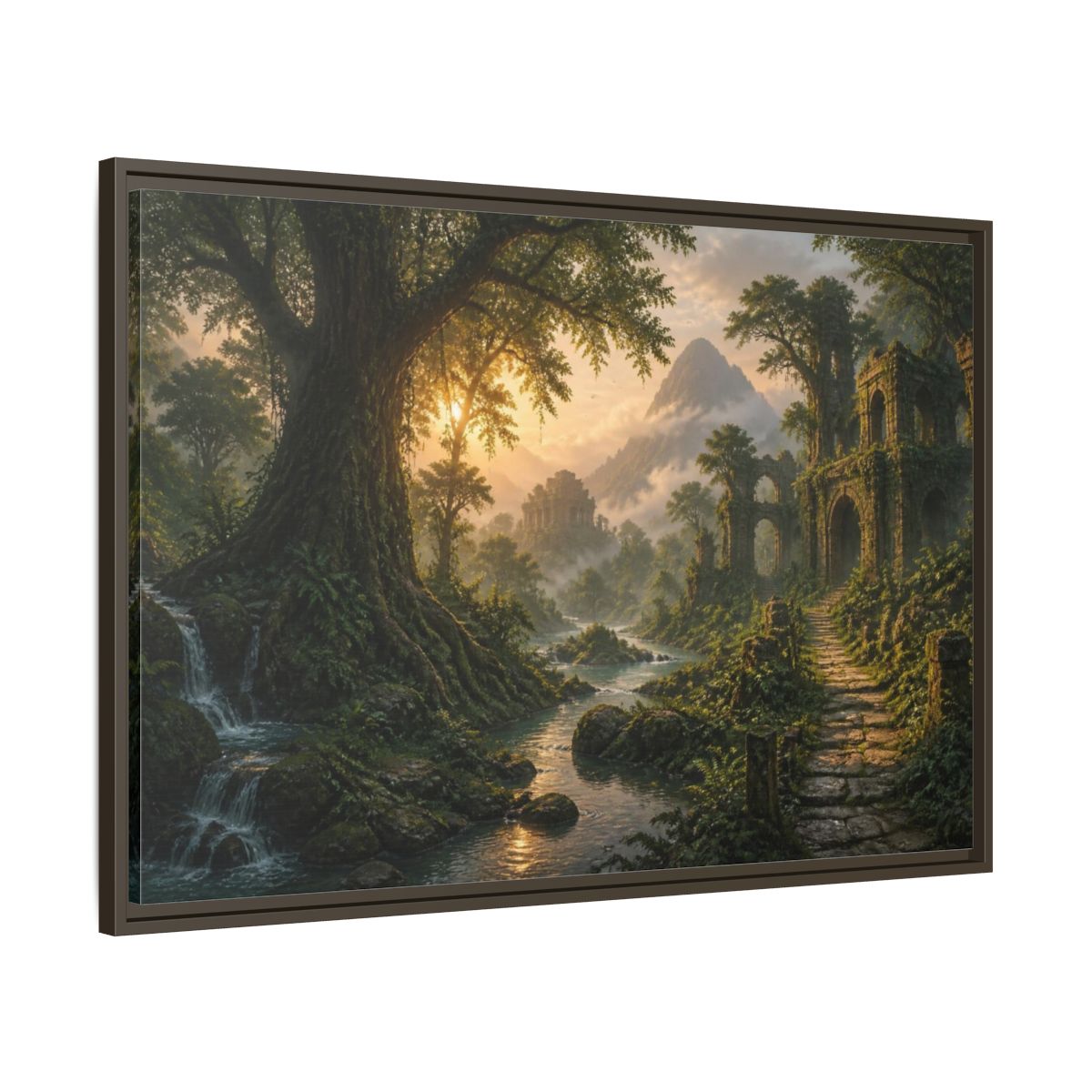 Main Mockup. Ancient Tree Landscape Sunrise shown as framed canvas print