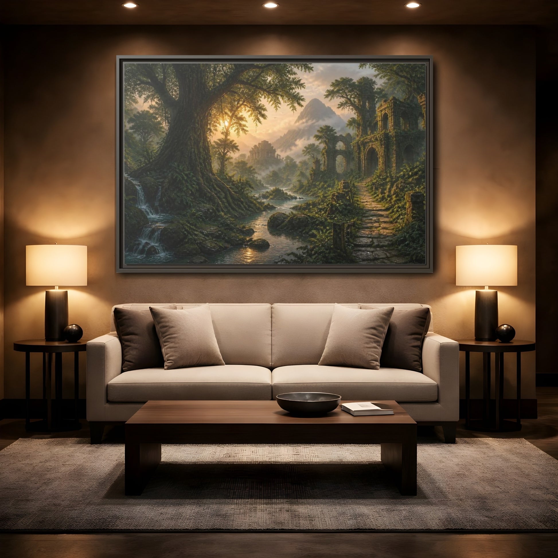 Mockup 2. Ancient Tree Landscape Sunrise shown as framed canvas print
