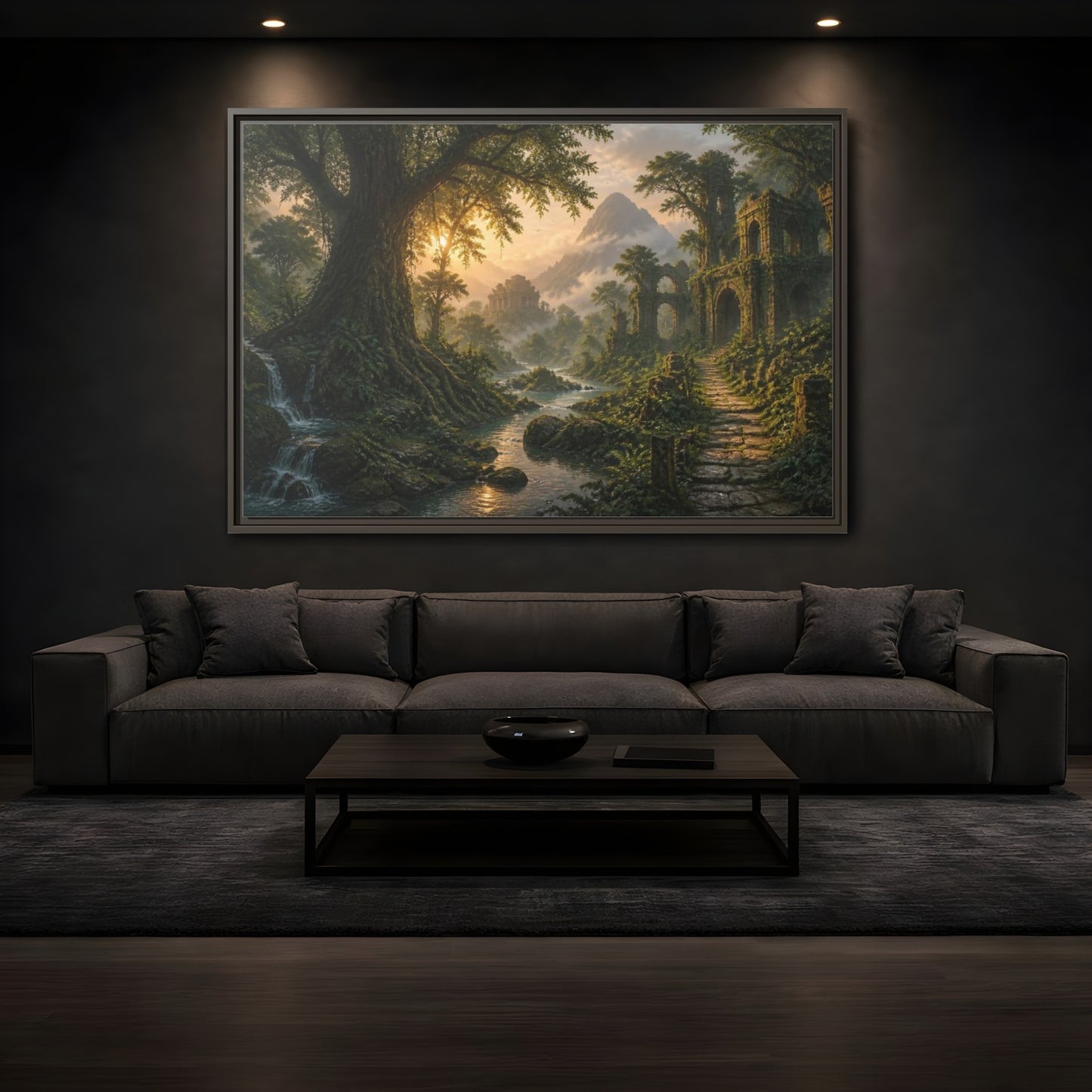 Mockup 3. Ancient Tree Landscape Sunrise shown as framed canvas print