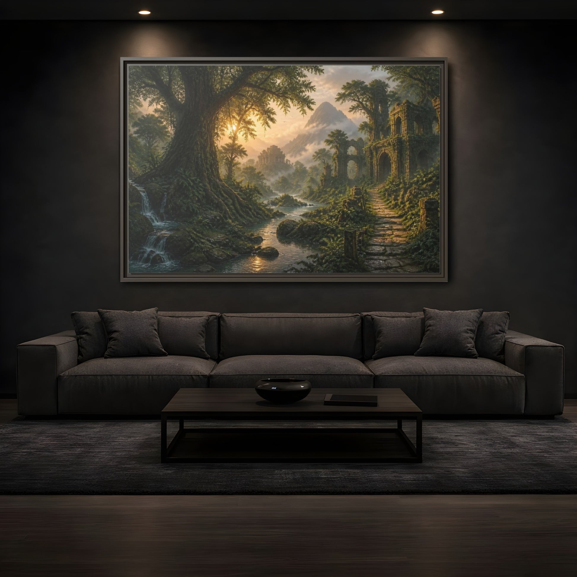 Mockup 3. Ancient Tree Landscape Sunrise shown as framed canvas print