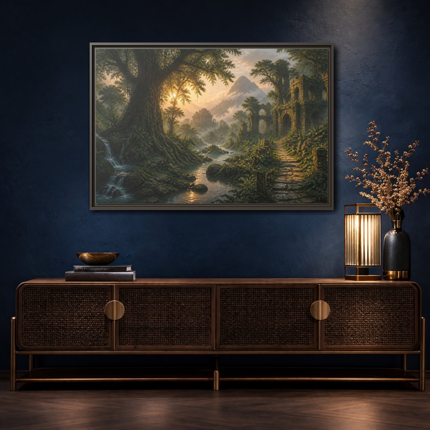 Mockup 4. Ancient Tree Landscape Sunrise shown as framed canvas print