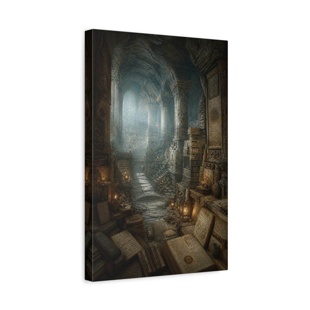 Side Mockup 4. Ancient Underground Library shown as canvas print