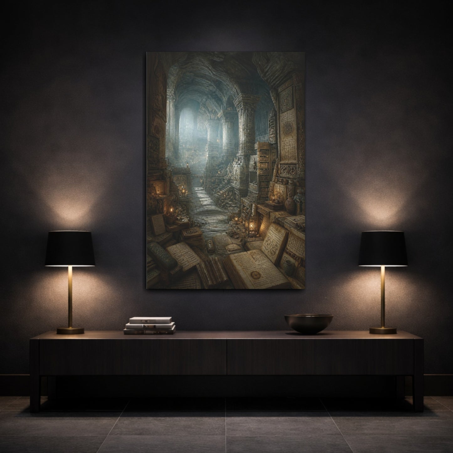 Mockup 3. Ancient Underground Library shown as canvas print