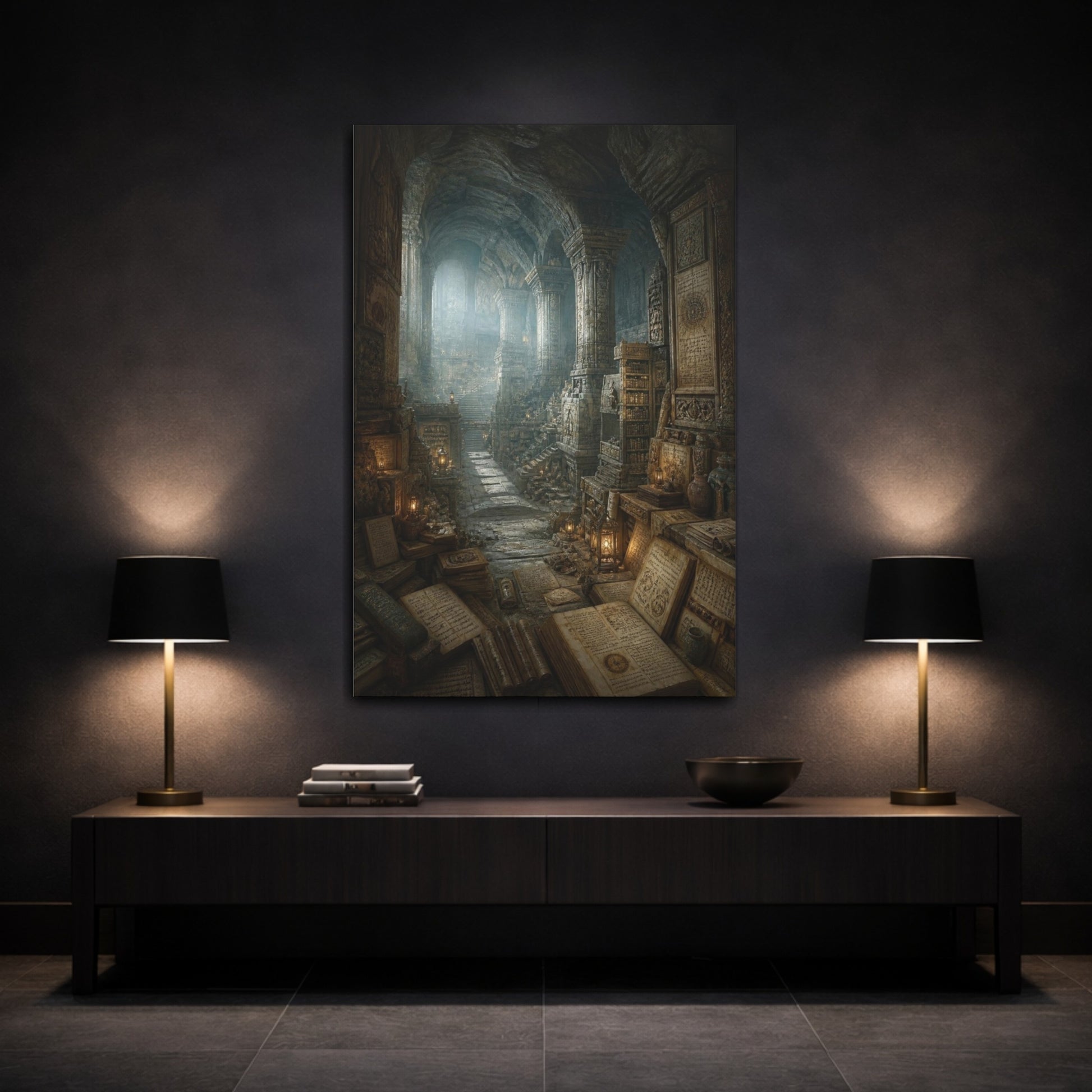 Mockup 3. Ancient Underground Library shown as canvas print