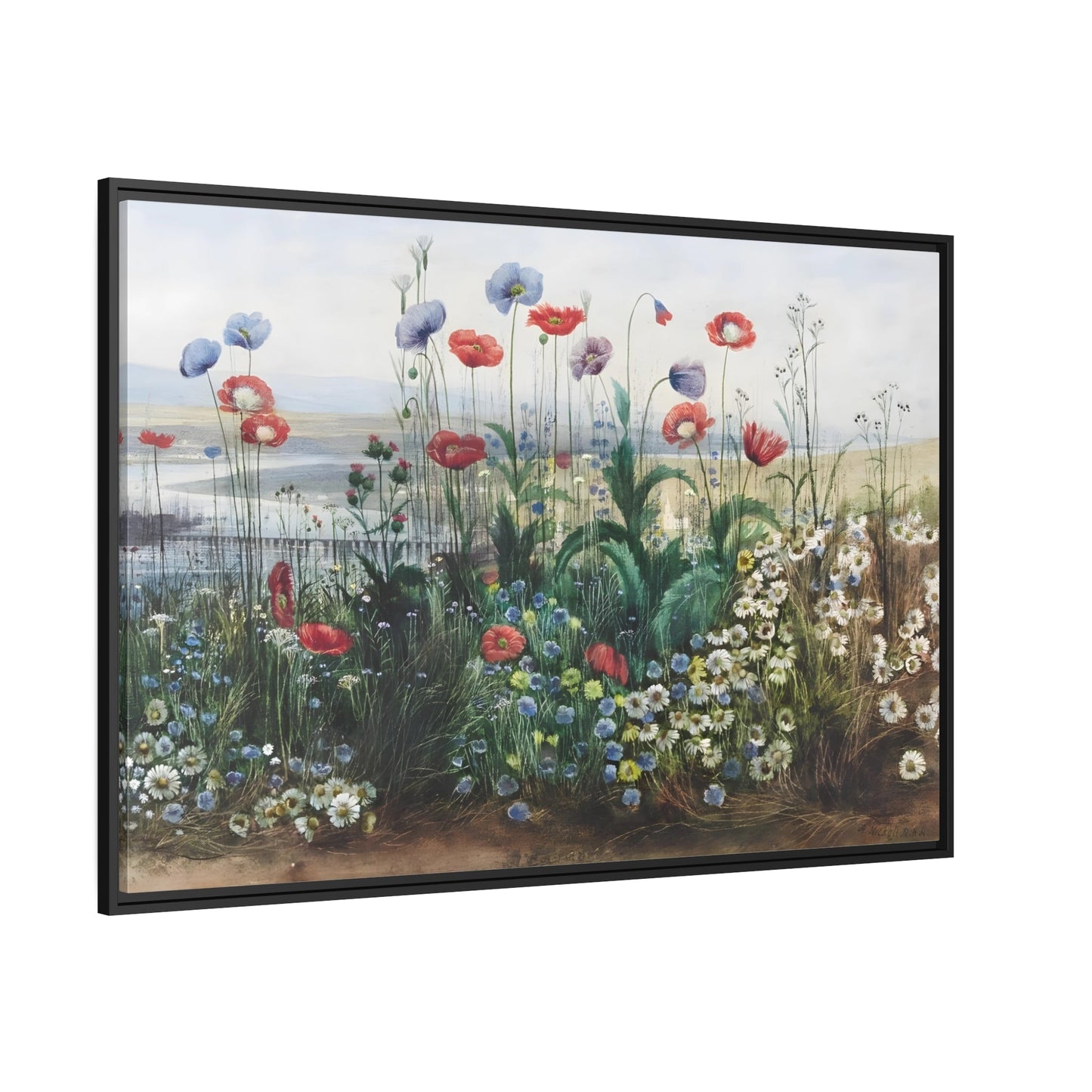 Andrew Nicholl Flowers with a River Landscape - Framed Wildflowers Canvas Wall Art Print in Black Pinewood Frame