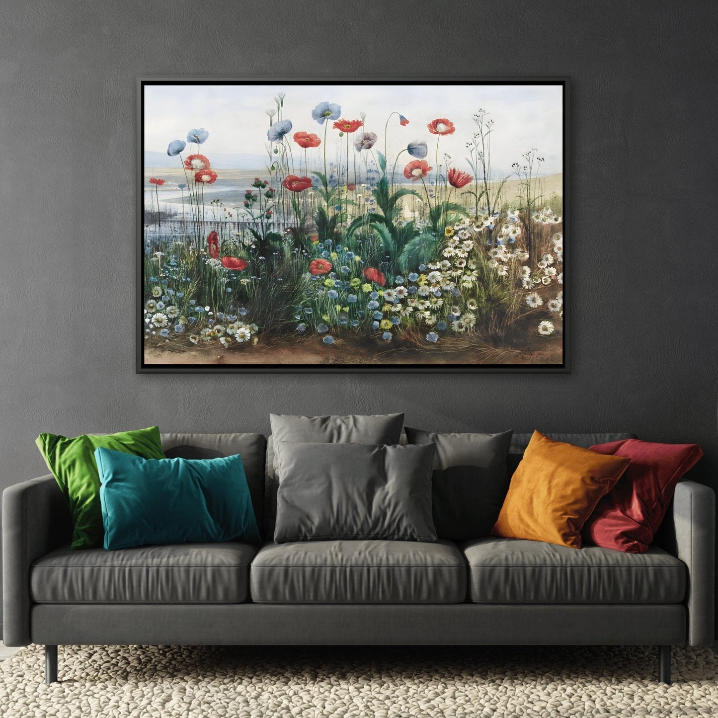 Andrew Nicholl Flowers with a River Landscape - Framed Wildflowers Canvas Wall Art Print in Black Pinewood Frame