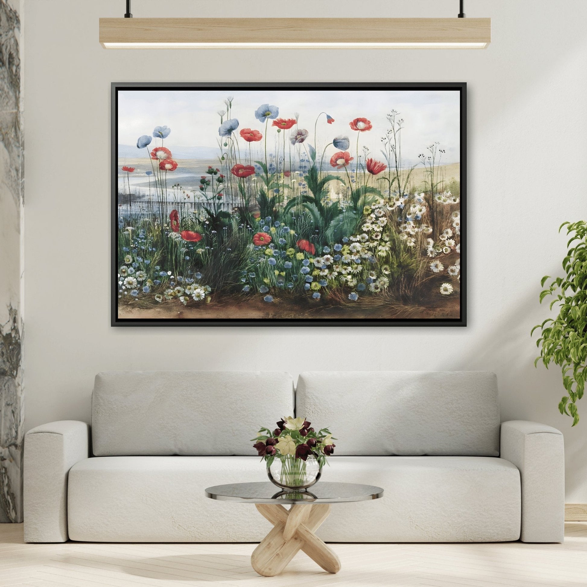 Andrew Nicholl Flowers with a River Landscape - Framed Wildflowers Canvas Wall Art Print in Black Pinewood Frame