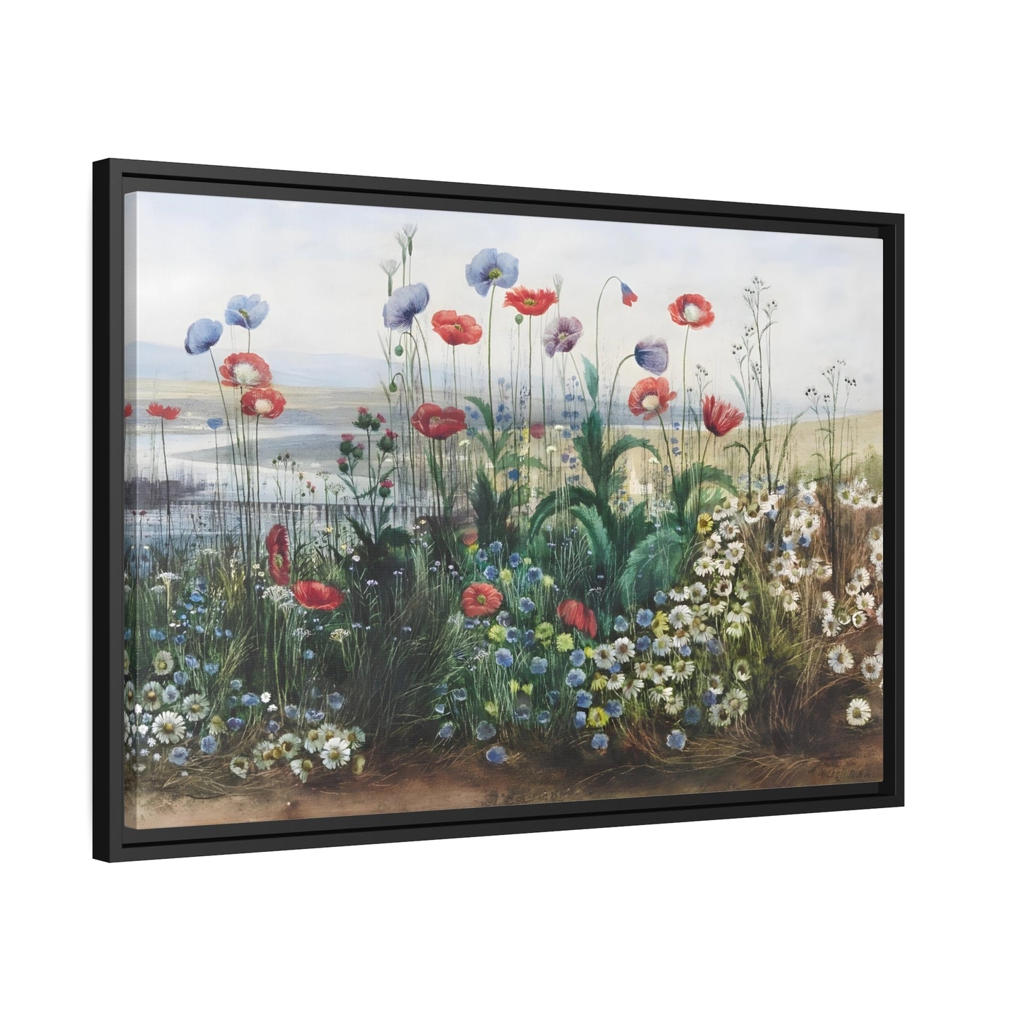 Andrew Nicholl Flowers with a River Landscape - Framed Wildflowers Canvas Wall Art Print in Black Pinewood Frame