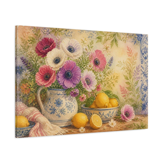 Main Mockup. Anemones And Lemons shown as canvas print